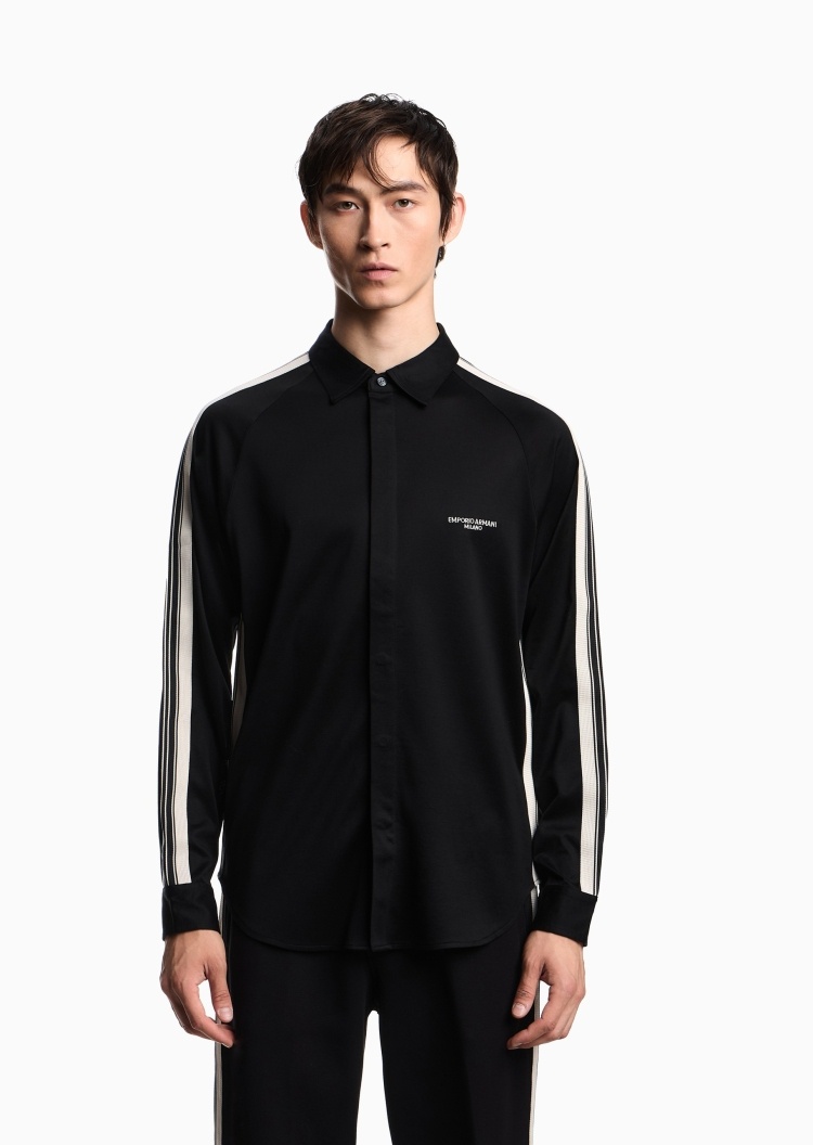 Emporio Armani 男士莱赛尔长袖翻领撞色饰带衬衫