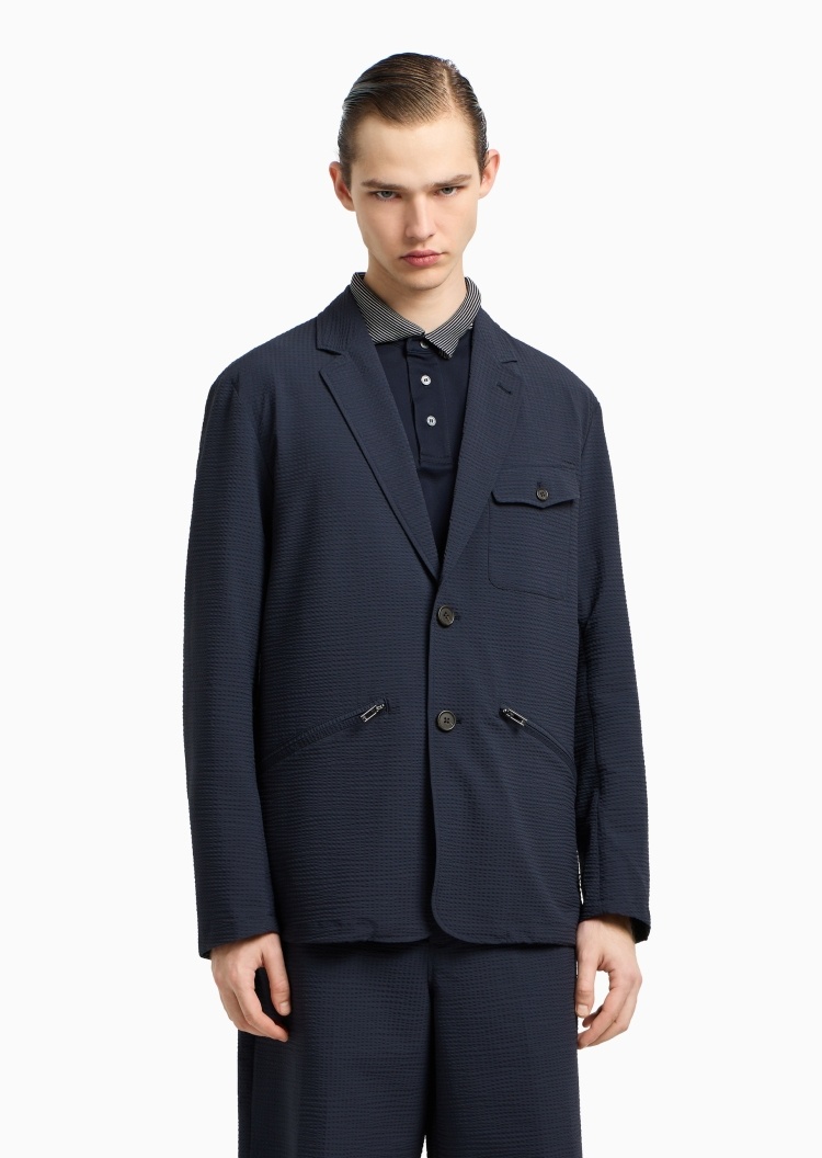 Emporio Armani 男士泡泡纱长袖平驳领单排扣西装外套