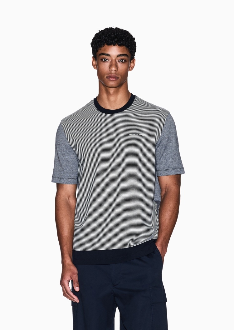 ARMANI EXCHANGE 男士全棉宽松短袖圆领条纹针织T恤
