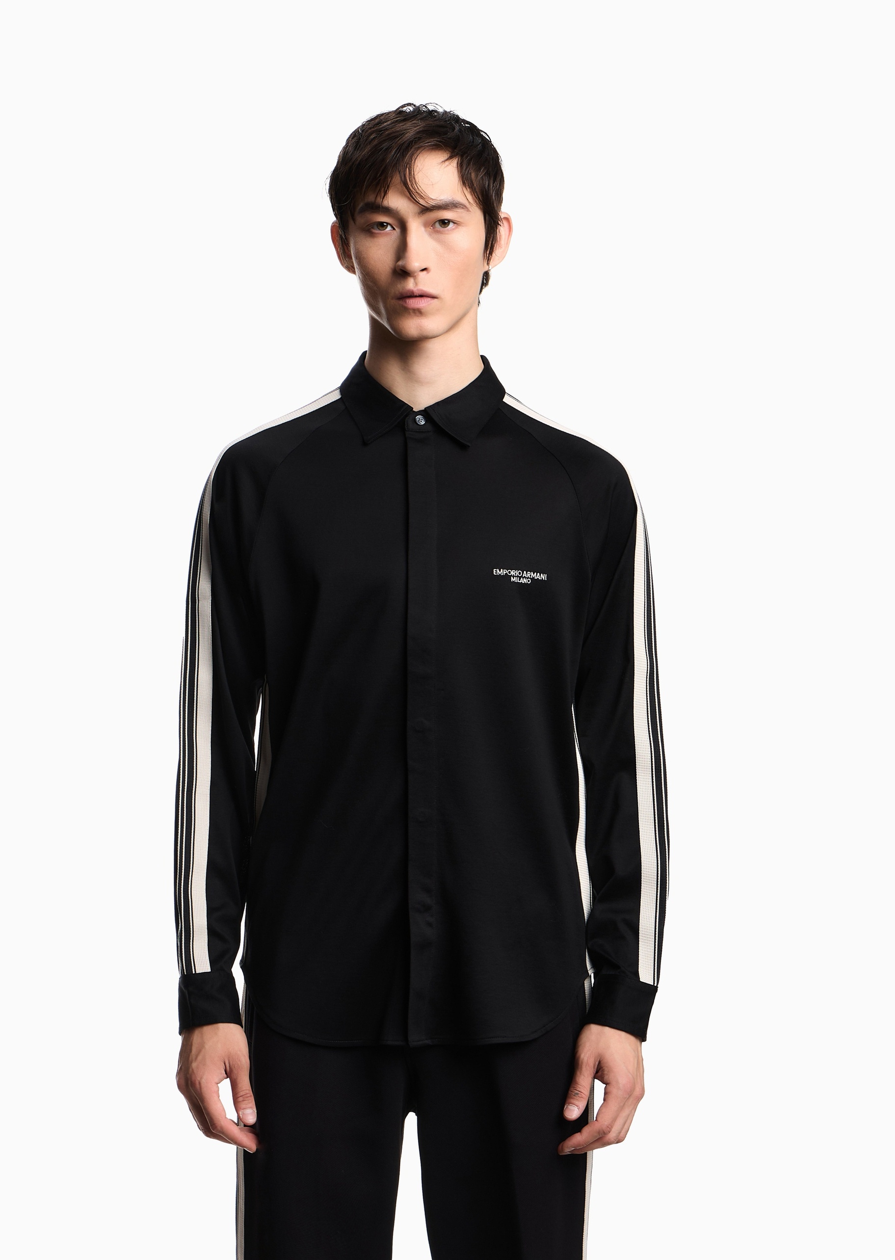 Emporio Armani 男士莱赛尔长袖翻领撞色饰带衬衫