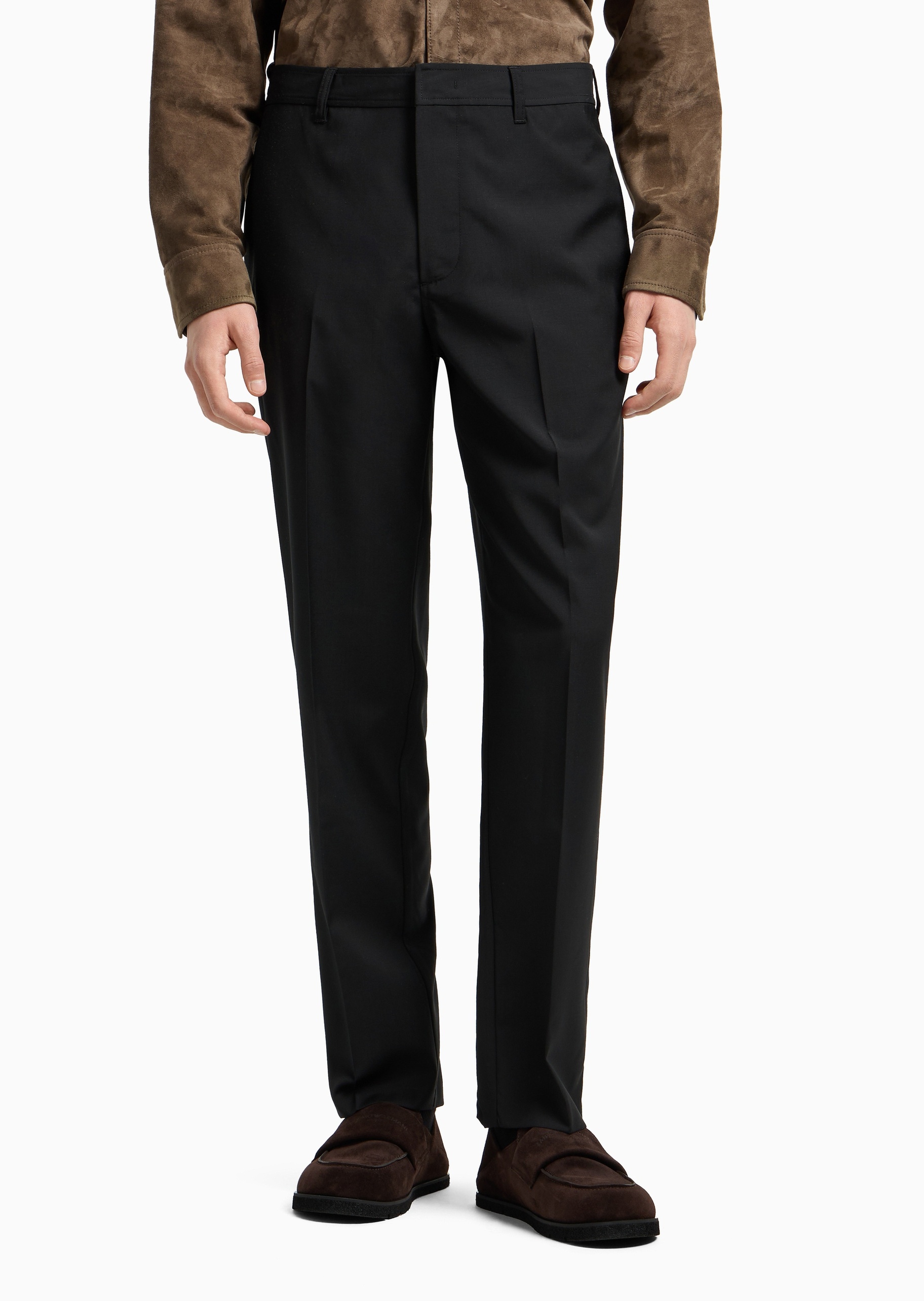 Emporio Armani 男士全绵羊毛合身长款直筒休闲裤