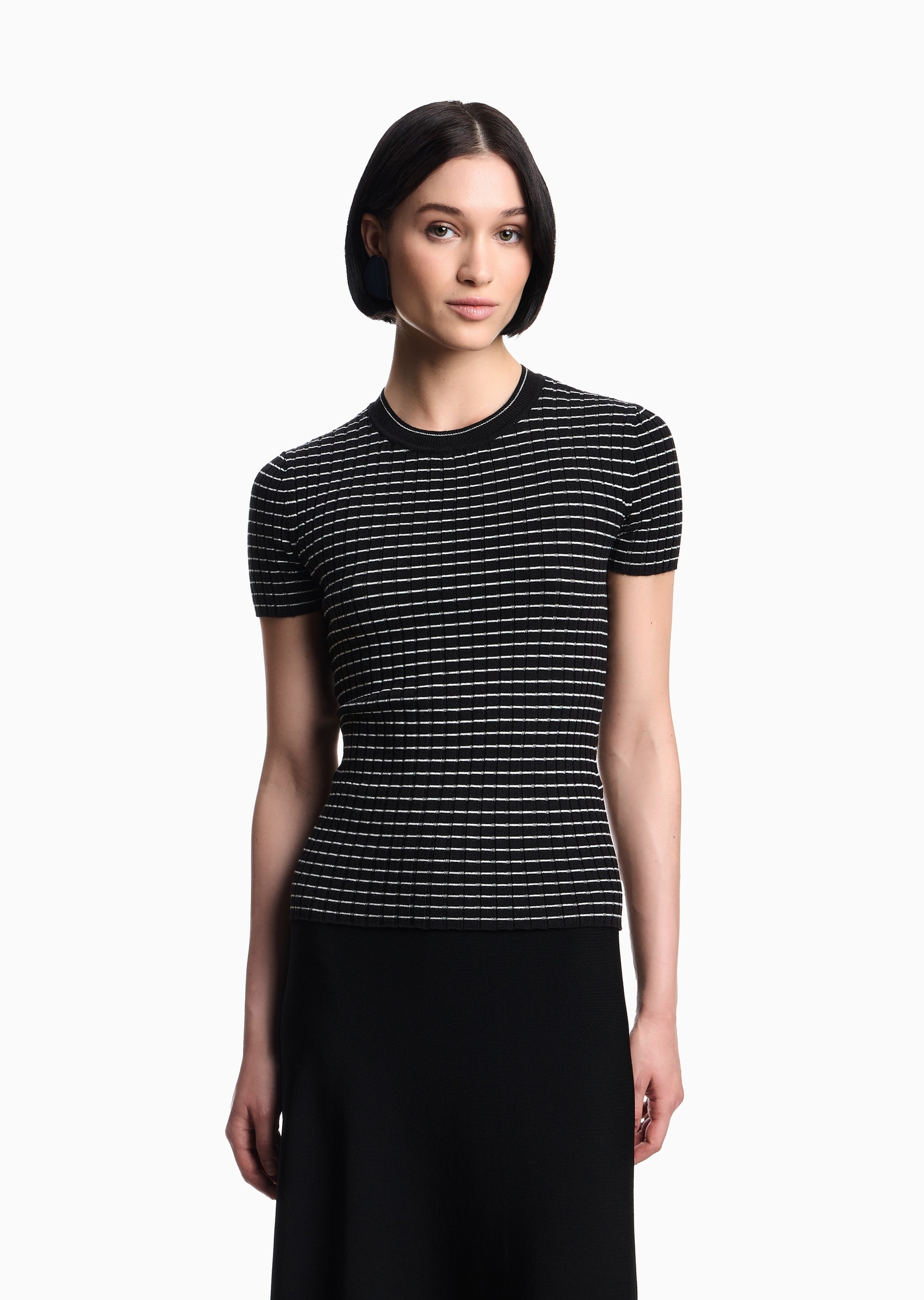 Emporio Armani 女士修身短袖圆领通体条纹针织衫