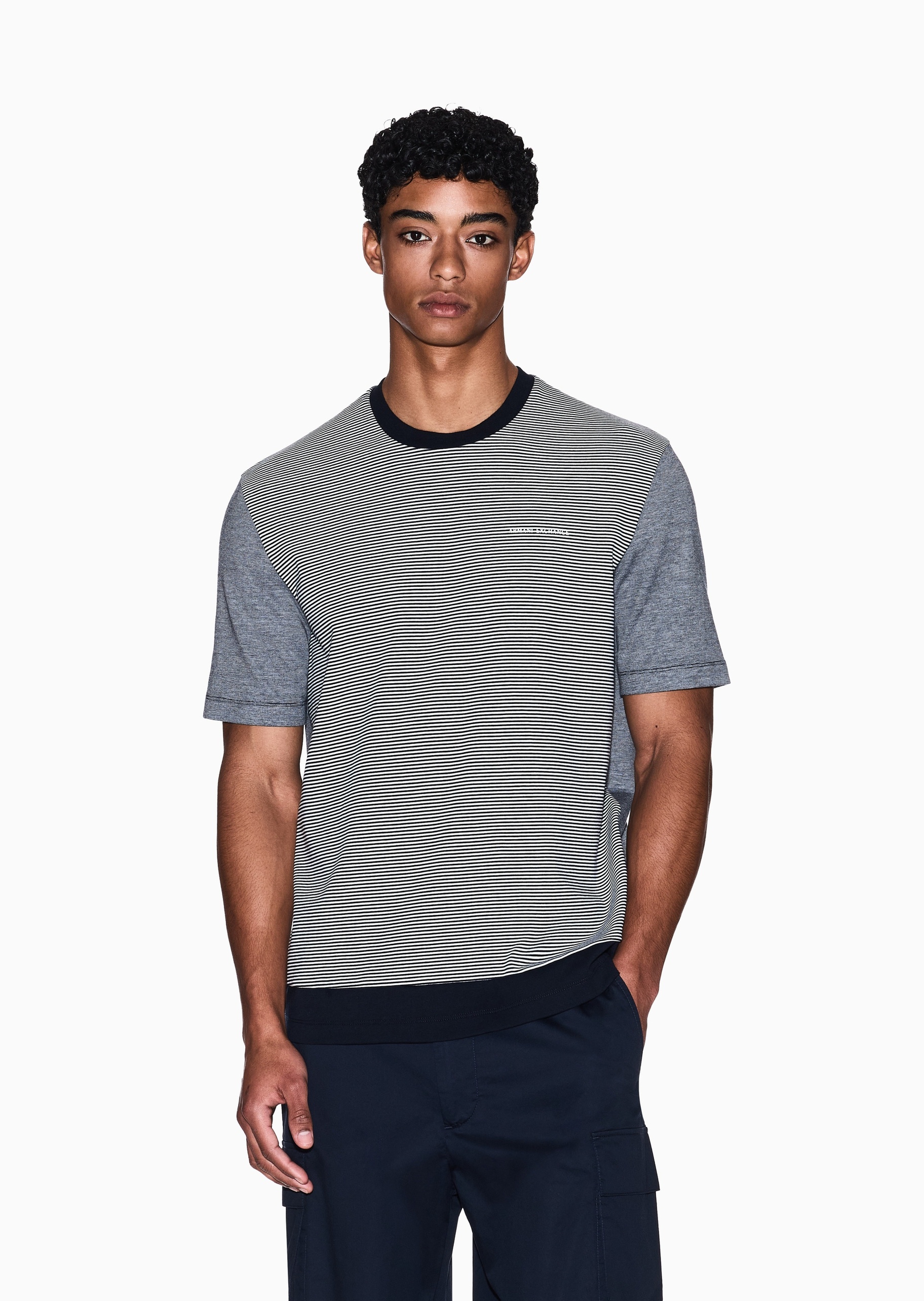 ARMANI EXCHANGE 男士全棉宽松短袖圆领条纹针织T恤
