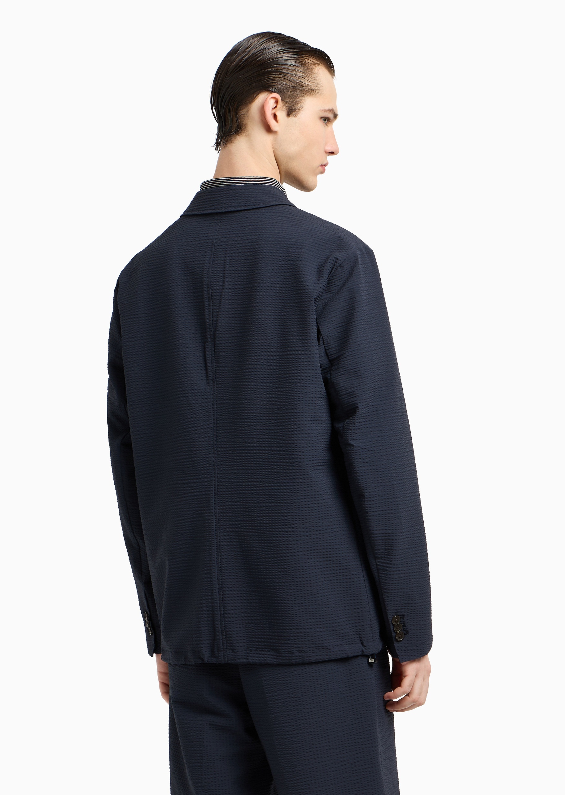Emporio Armani 男士泡泡纱长袖平驳领单排扣西装外套
