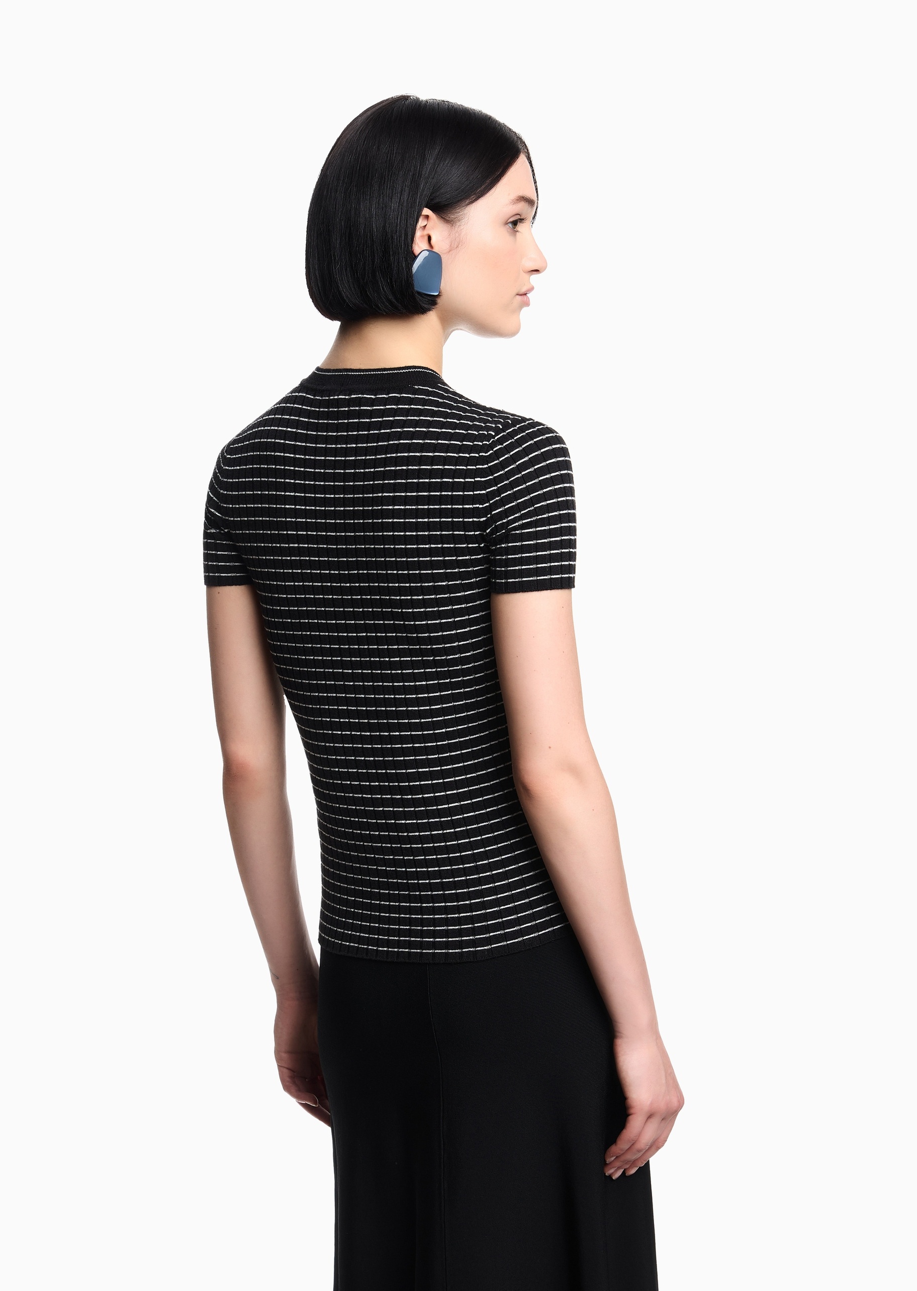 Emporio Armani 女士修身短袖圆领通体条纹针织衫