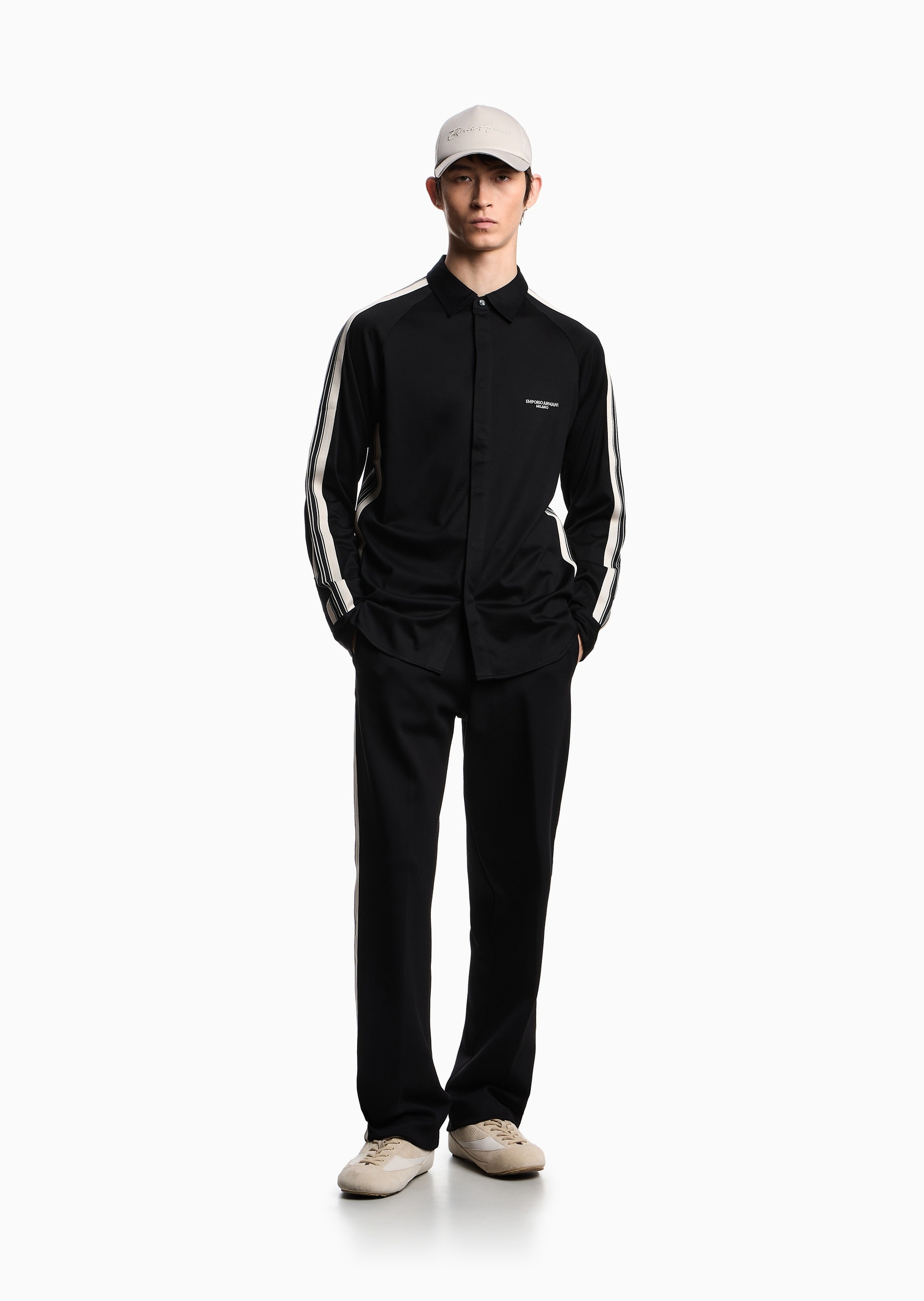 Emporio Armani 男士莱赛尔长袖翻领撞色饰带衬衫