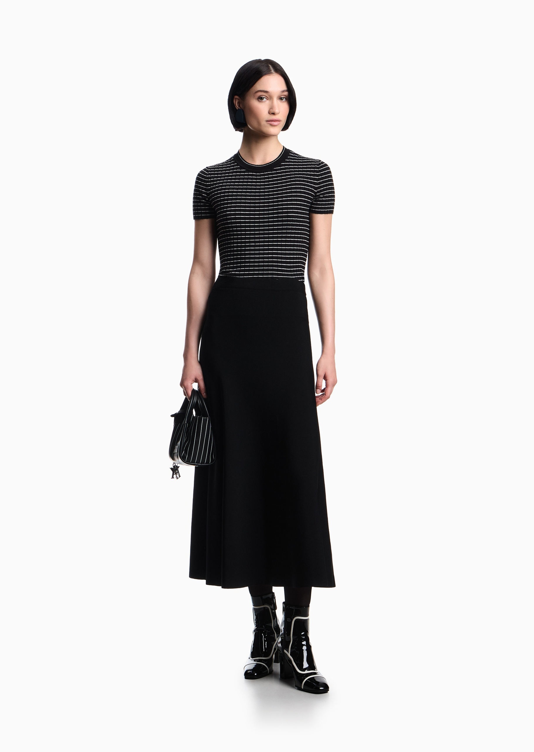 Emporio Armani 女士修身短袖圆领通体条纹针织衫