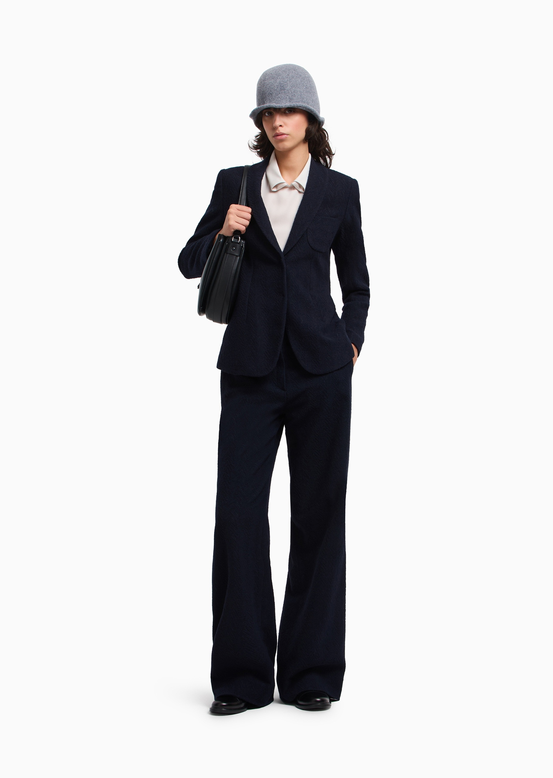 Emporio Armani 女士绵羊毛宽松高腰长款阔腿休闲裤
