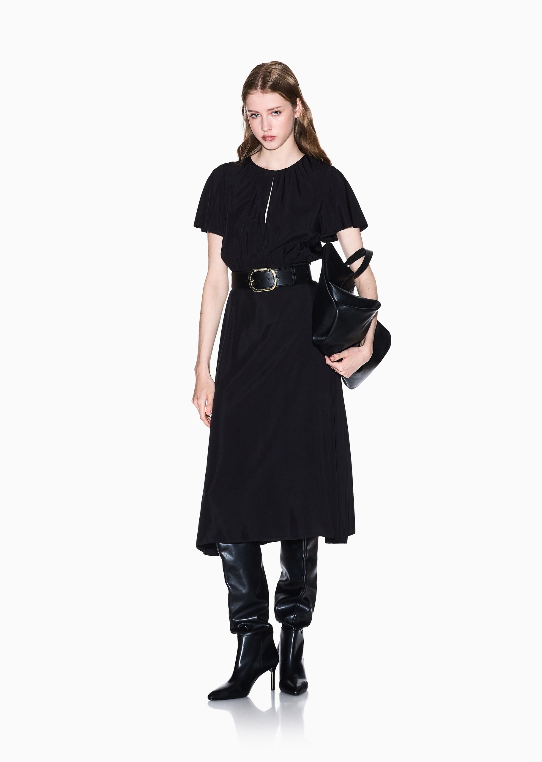 ARMANI EXCHANGE 女士人造棉长款圆领收腰捏褶连衣裙