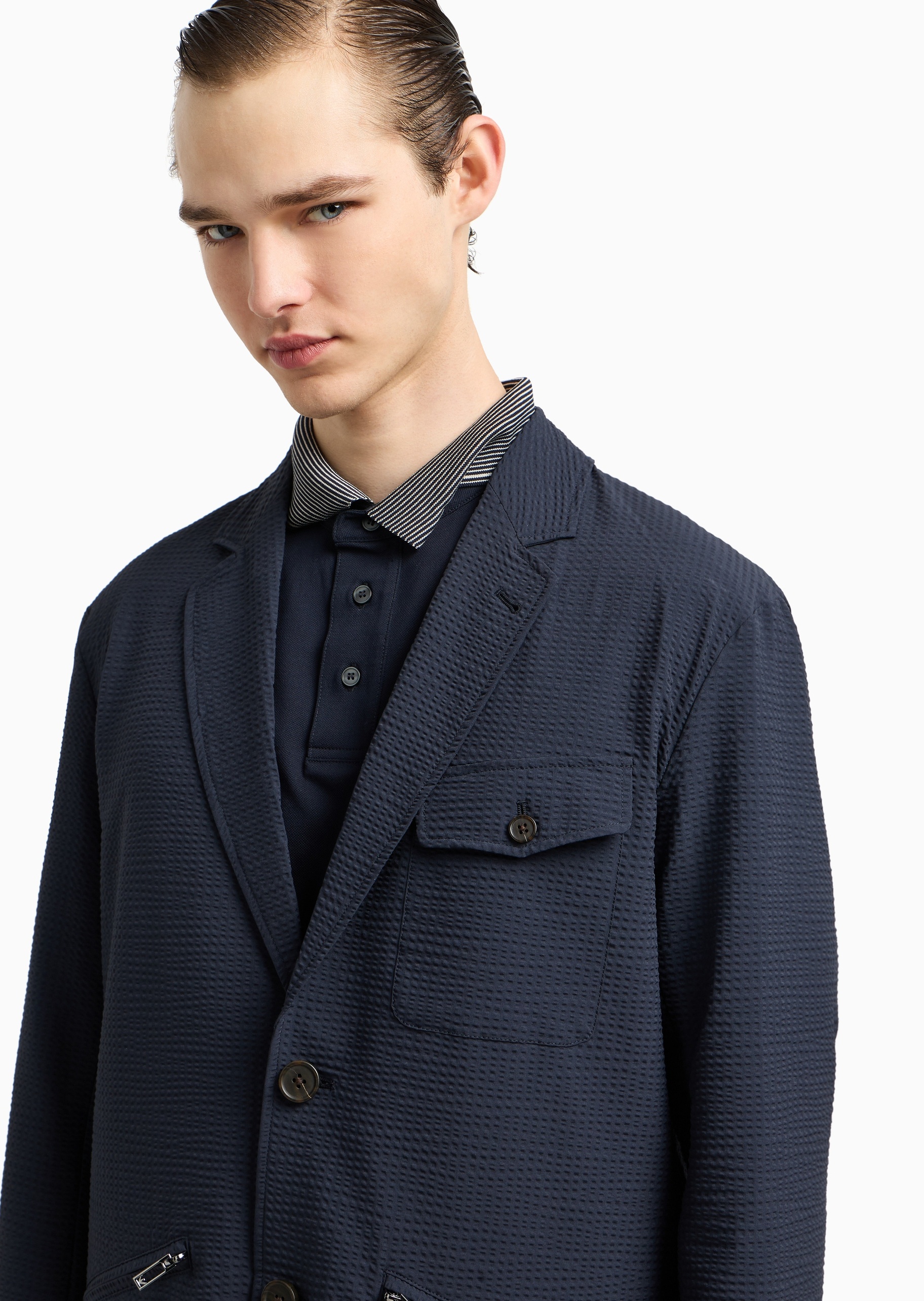 Emporio Armani 男士泡泡纱长袖平驳领单排扣西装外套