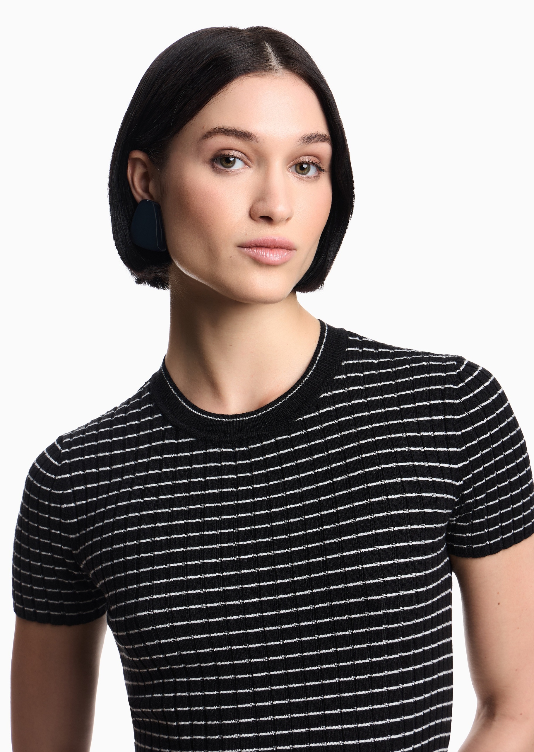 Emporio Armani 女士修身短袖圆领通体条纹针织衫
