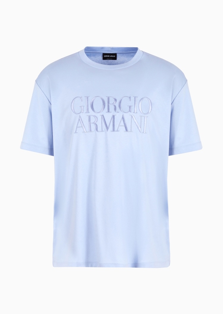 Giorgio Armani 男士全棉合身短袖圆领微落肩徽标刺绣T恤