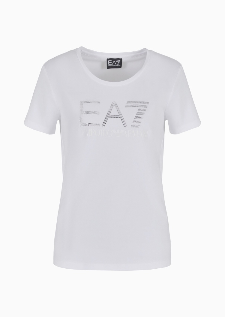EA7 女士纯棉弹力合身短袖圆领贴钻徽标健身T恤