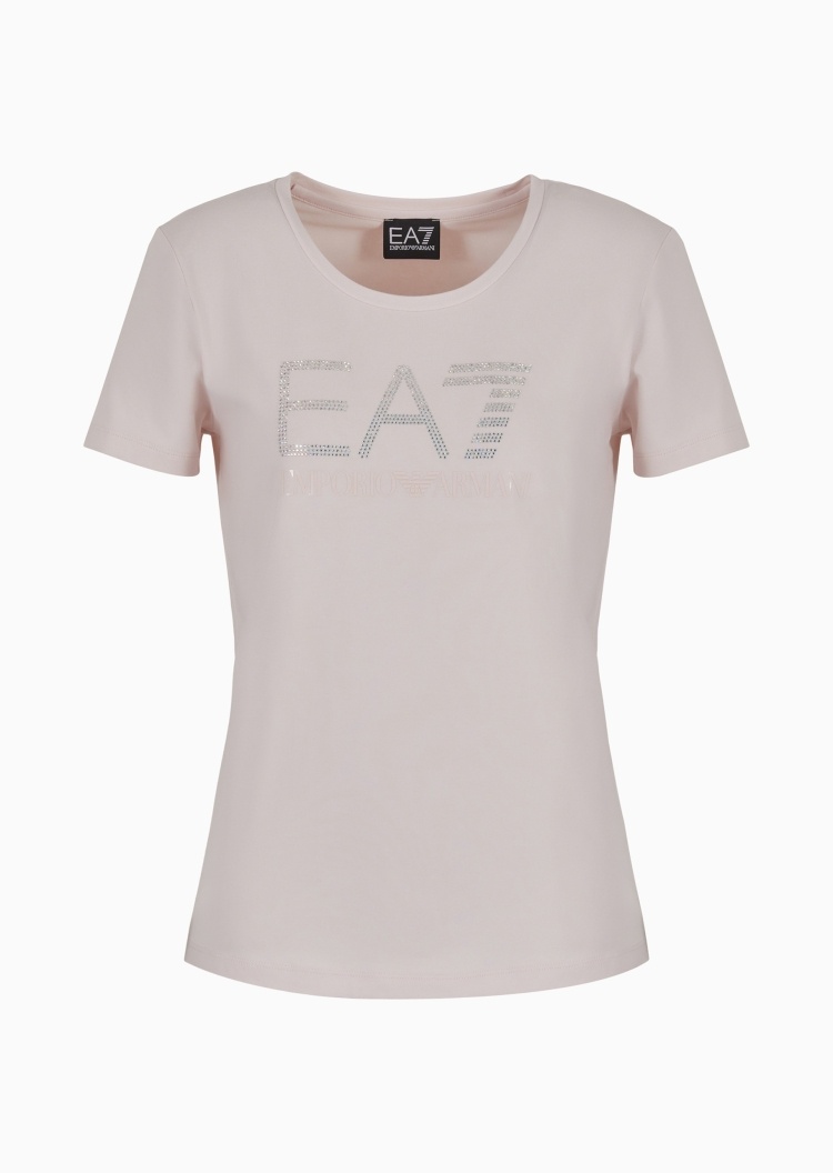 EA7 女士纯棉弹力合身短袖圆领贴钻徽标健身T恤