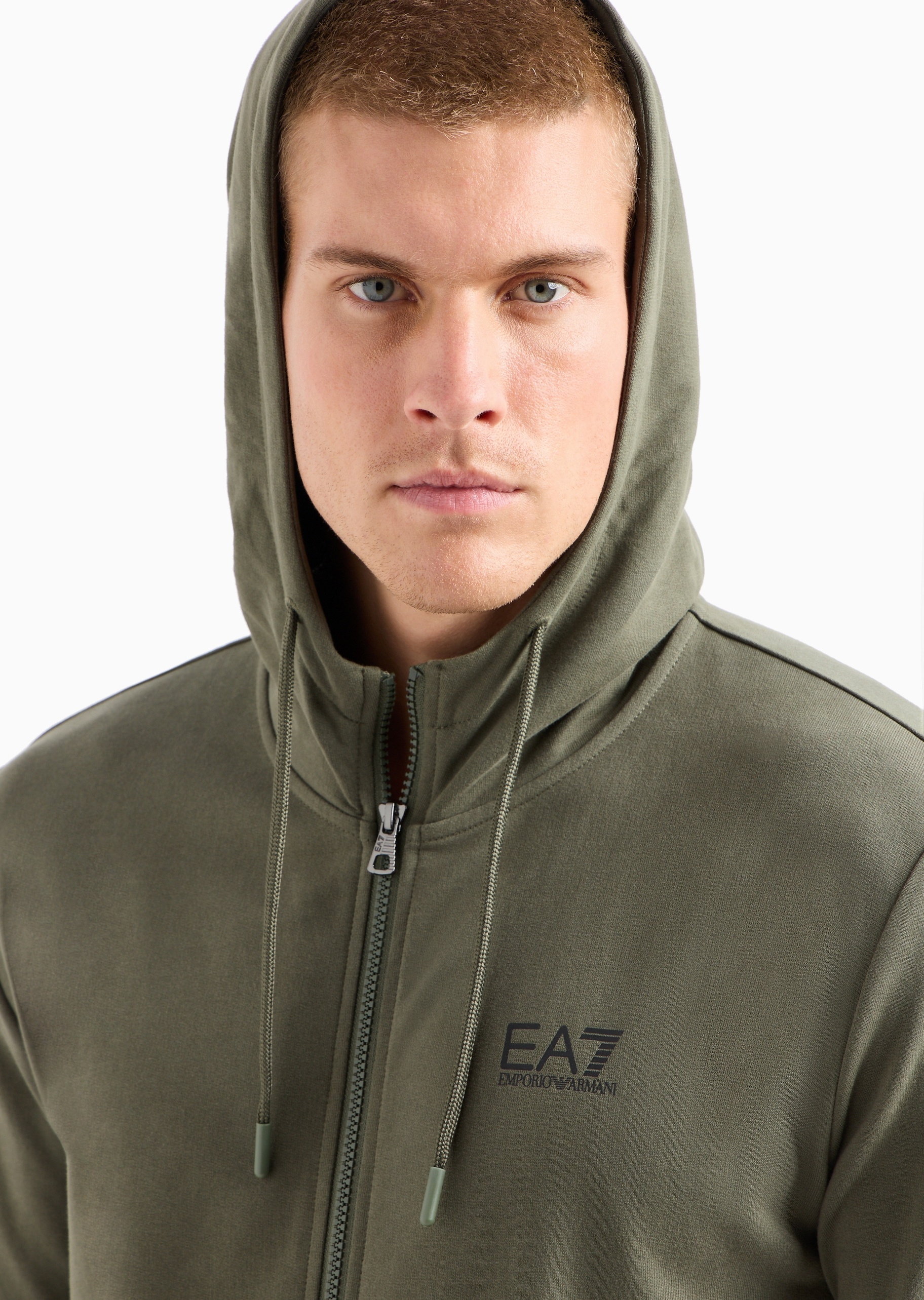 EA7 男士全棉合身长袖连帽袋鼠兜健身卫衣外套