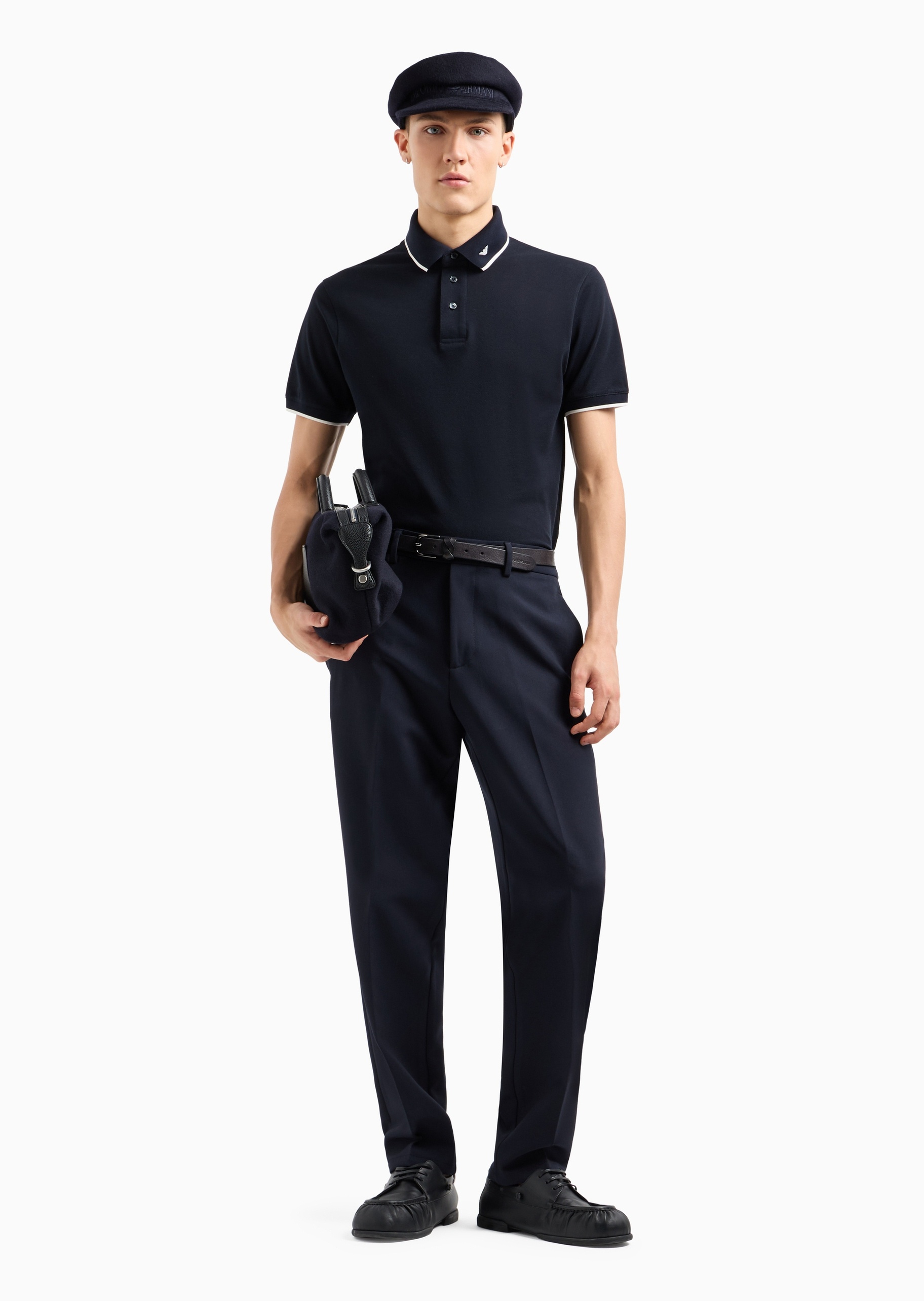 Emporio Armani 男士珠地全棉合身短袖翻领饰边Polo衫