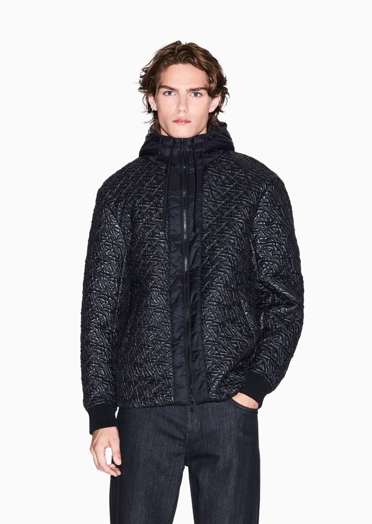 ARMANI EXCHANGE 男士长袖连帽通体徽标拉链门襟棉服
