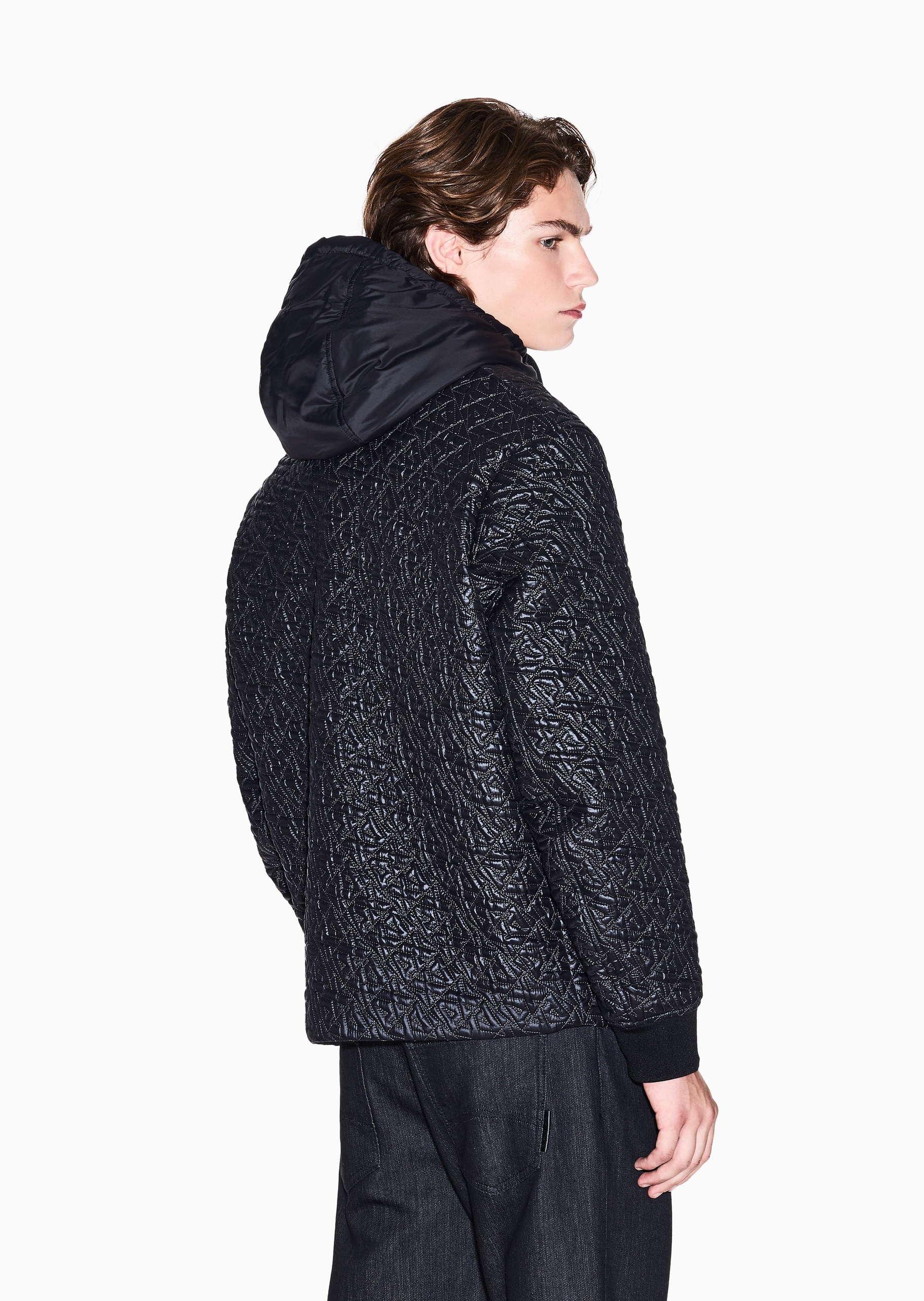 ARMANI EXCHANGE 男士长袖连帽通体徽标拉链门襟棉服