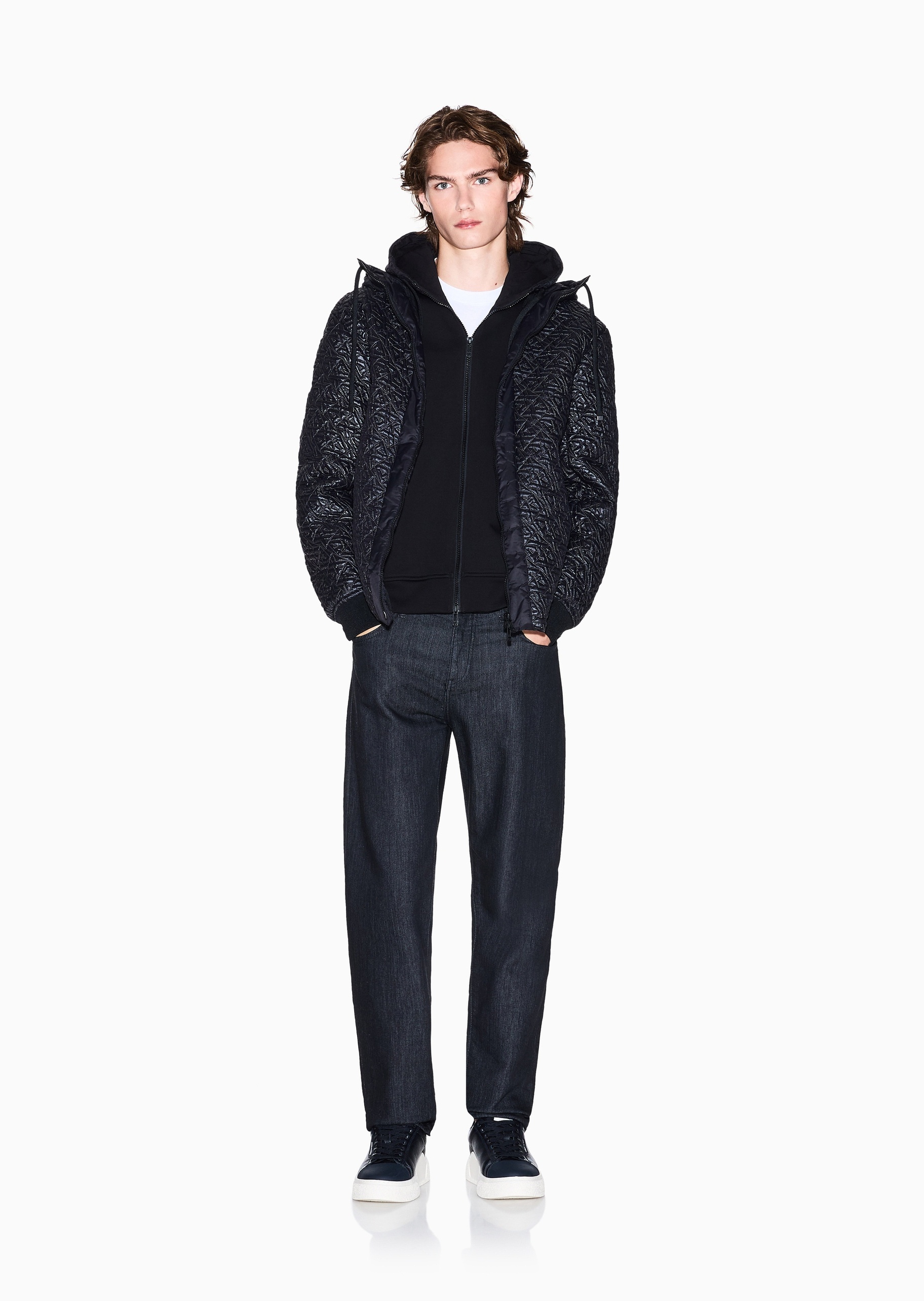 ARMANI EXCHANGE 男士长袖连帽通体徽标拉链门襟棉服