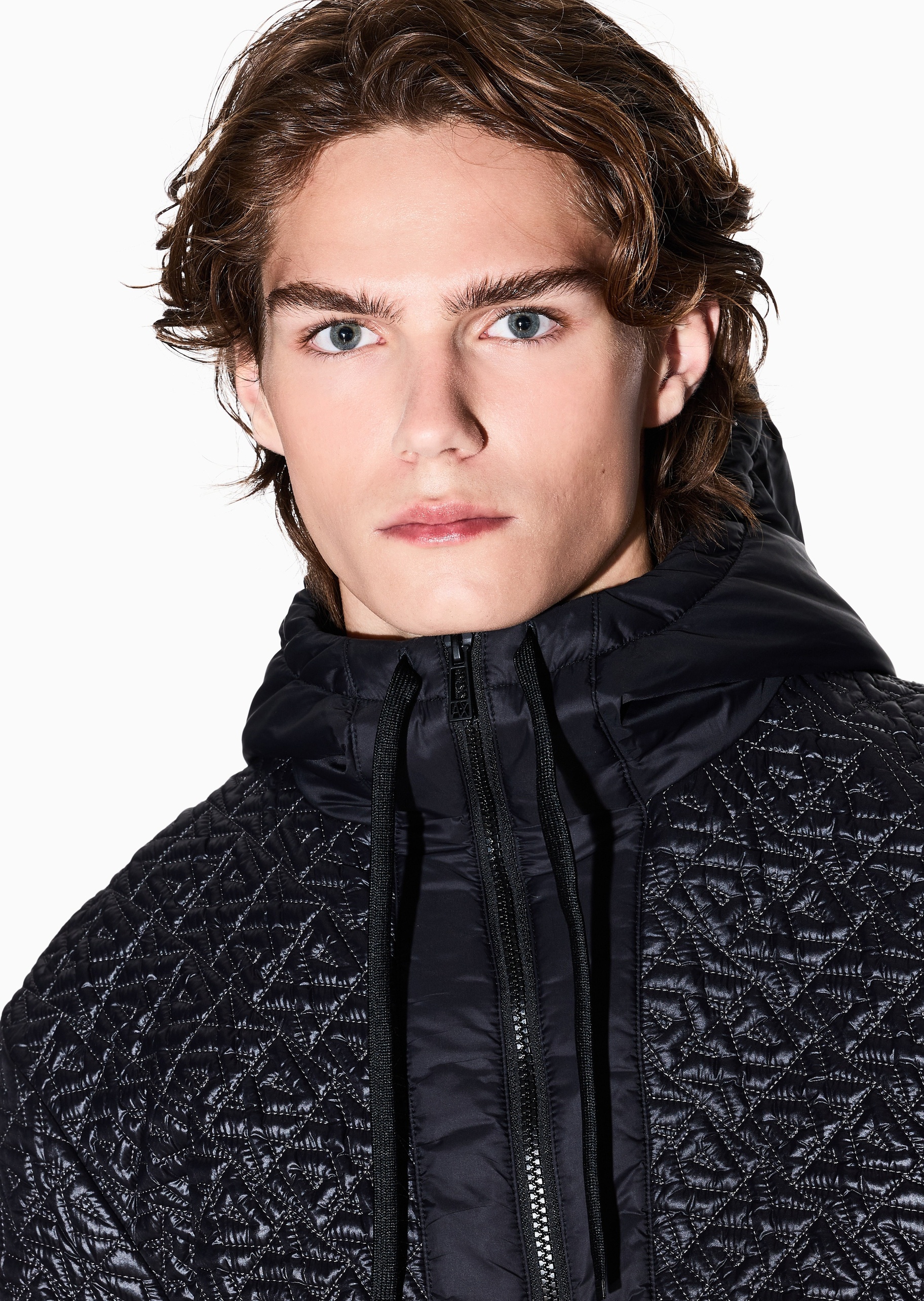 ARMANI EXCHANGE 男士长袖连帽通体徽标拉链门襟棉服