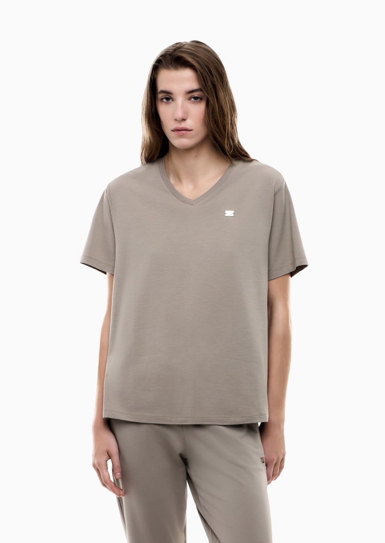 EA7 女士弹力宽松短袖V领正肩纯色休闲运动T恤