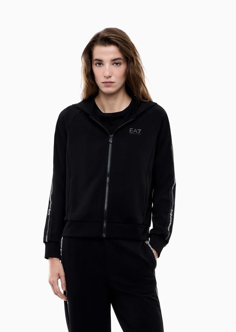 EA7 女士重磅合身长袖连帽拉链织带运动卫衣外套