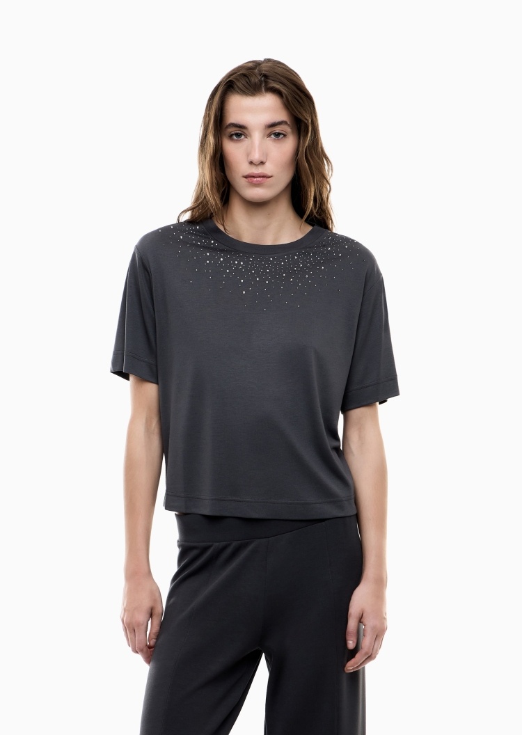 EA7 女士重磅宽松短袖短款圆领水钻T恤