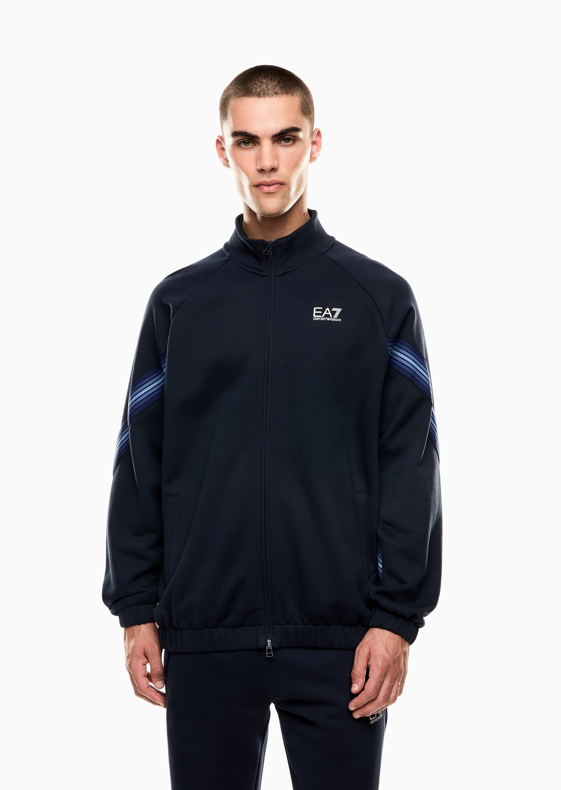 EA7 男士重磅合身长袖立领加绒拉链开衫卫衣外套