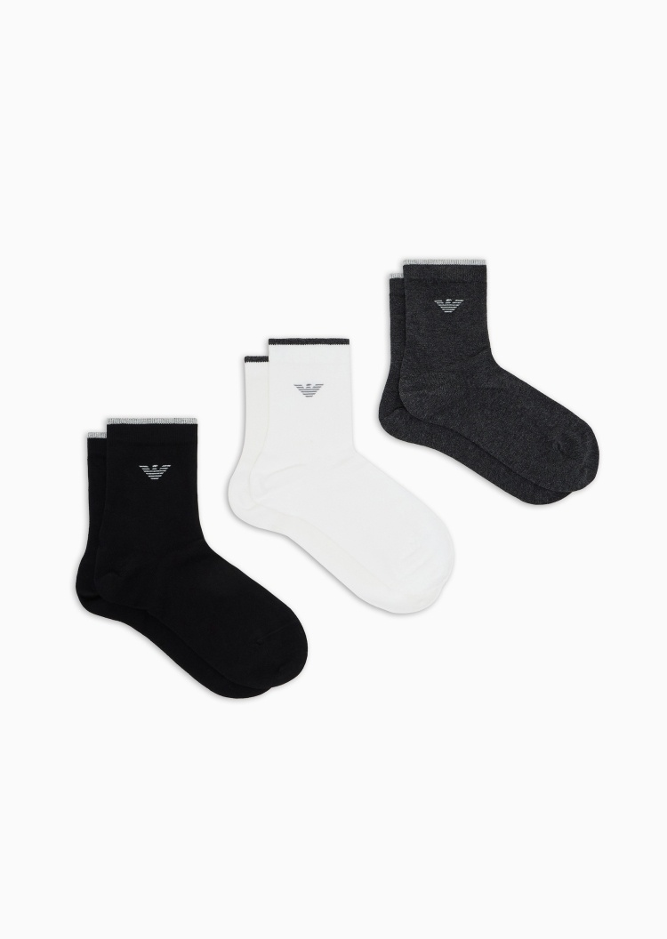 Emporio Armani 女士棉质微弹短筒三双装撞色提花袜子套装