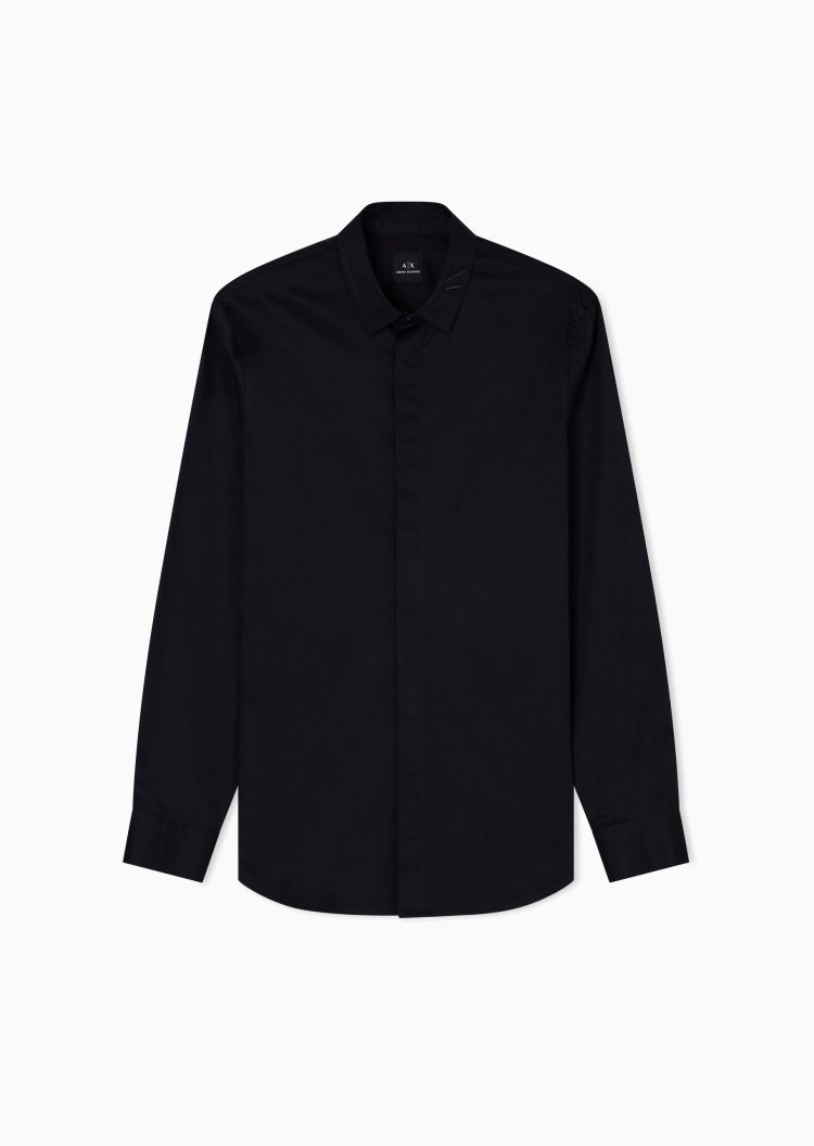 ARMANI EXCHANGE 男士纯棉微弹长袖翻领暗门襟纯色衬衫