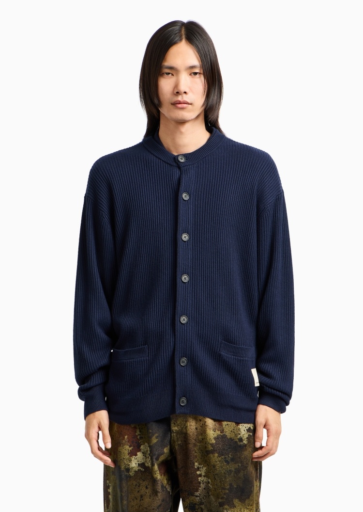 Emporio Armani 男士圆领混纺坑条纹理纺针织开衫