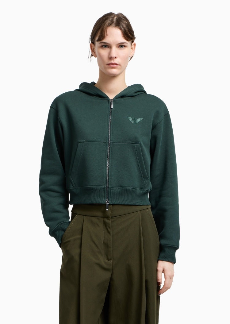 Emporio Armani 女士全棉重磅合身短款连帽鹰标刺绣卫衣外套