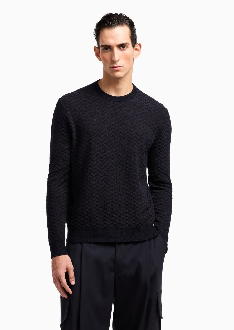 Giorgio Armani 男士绵羊毛微弹长袖圆领套头毛衣