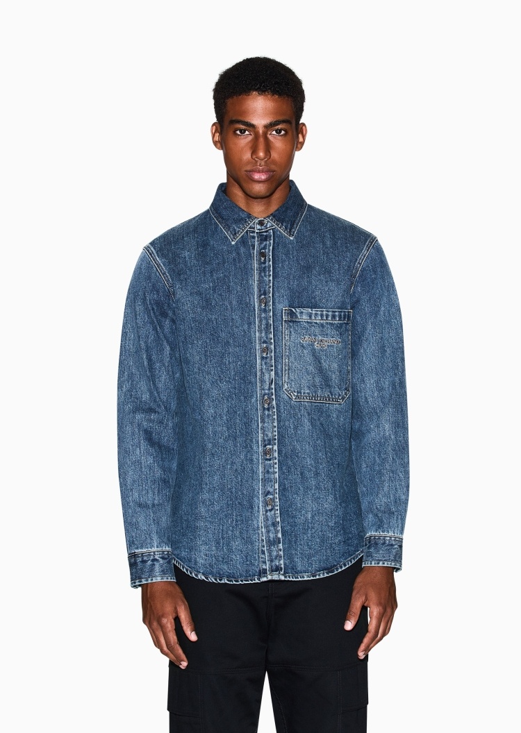 ARMANI EXCHANGE 男士棉质长袖翻领纽扣门襟牛仔衬衫