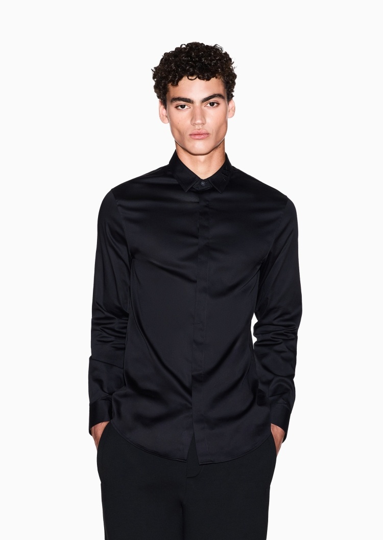 ARMANI EXCHANGE 男士纯棉微弹长袖翻领暗门襟纯色衬衫