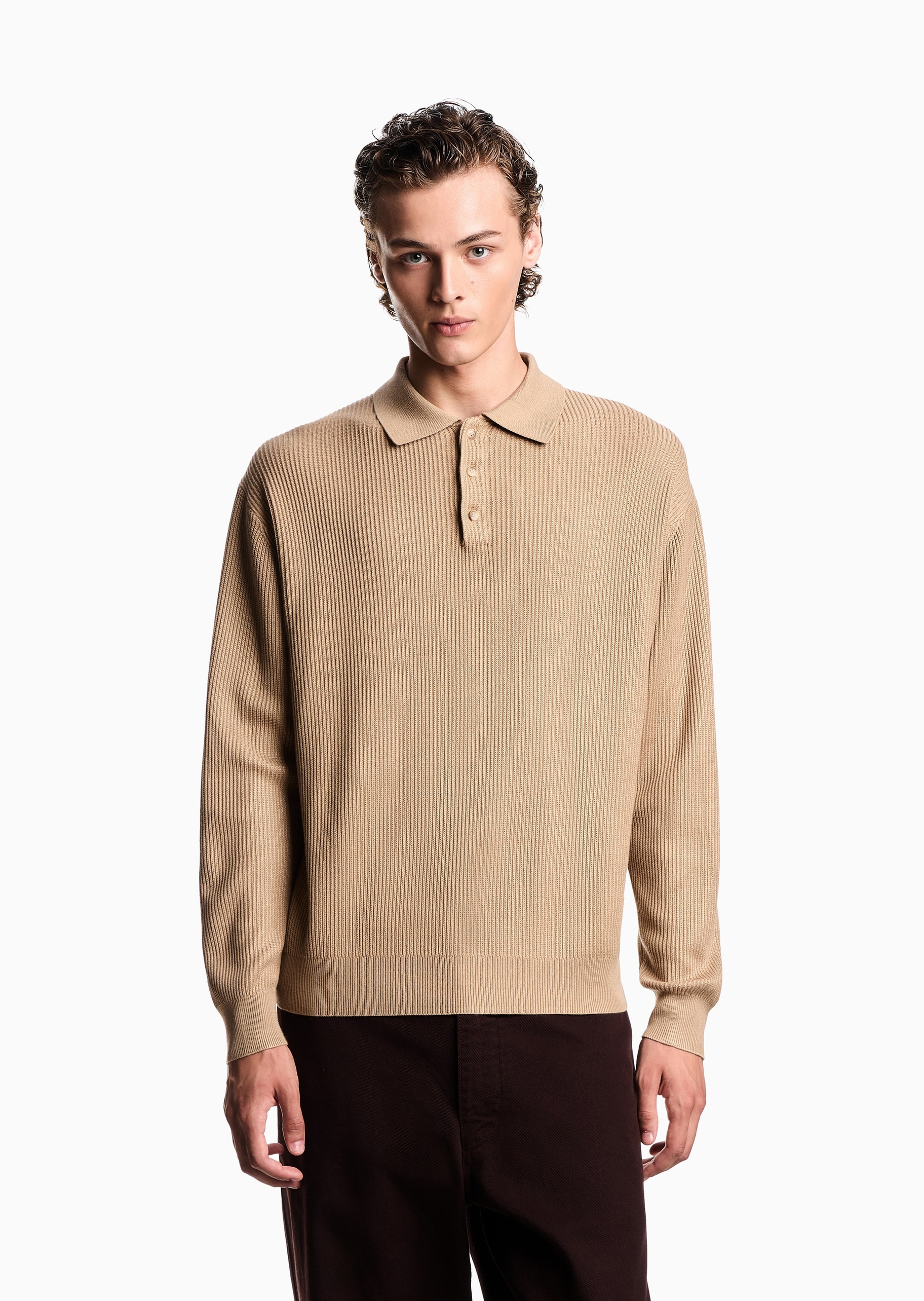 Emporio Armani 男士Polo领坑条纹理老钱风套头针织衫