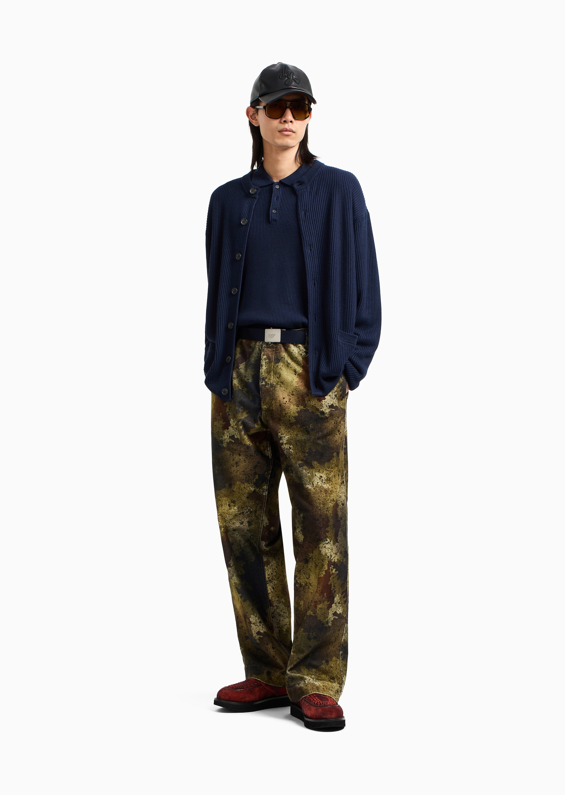 Emporio Armani 男士圆领混纺坑条纹理纺针织开衫