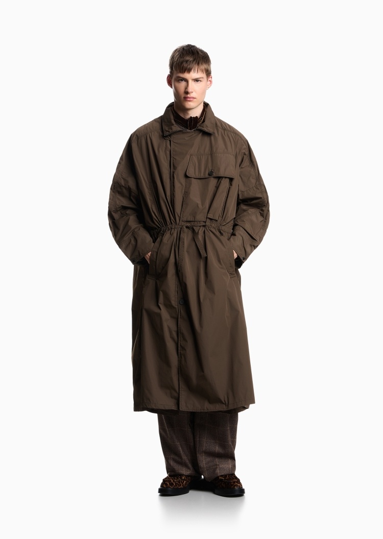 Emporio Armani 男士长袖长款可翻立领收腰纯色风衣