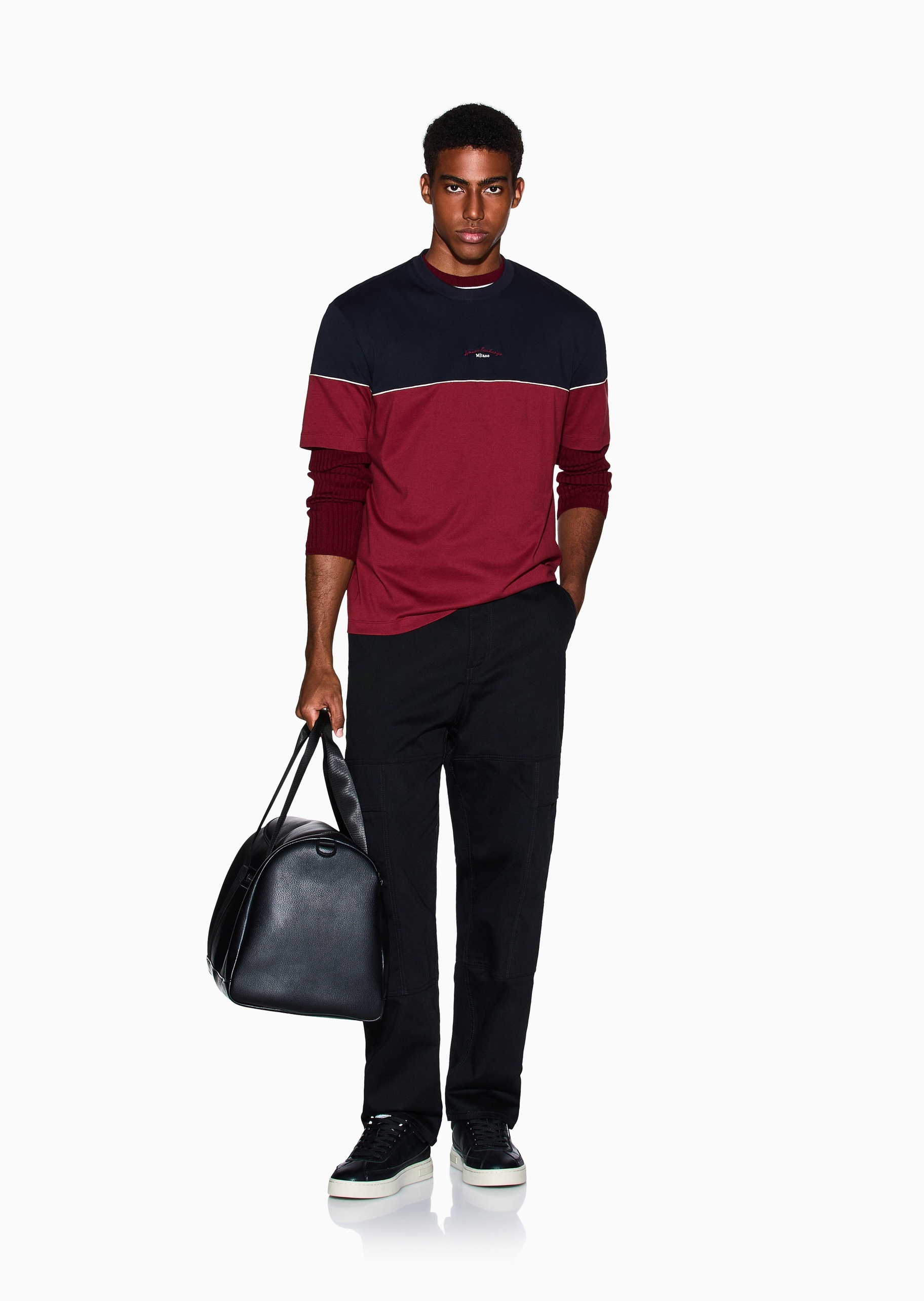 ARMANI EXCHANGE 男士纯棉合身短袖圆领双色拼接T恤