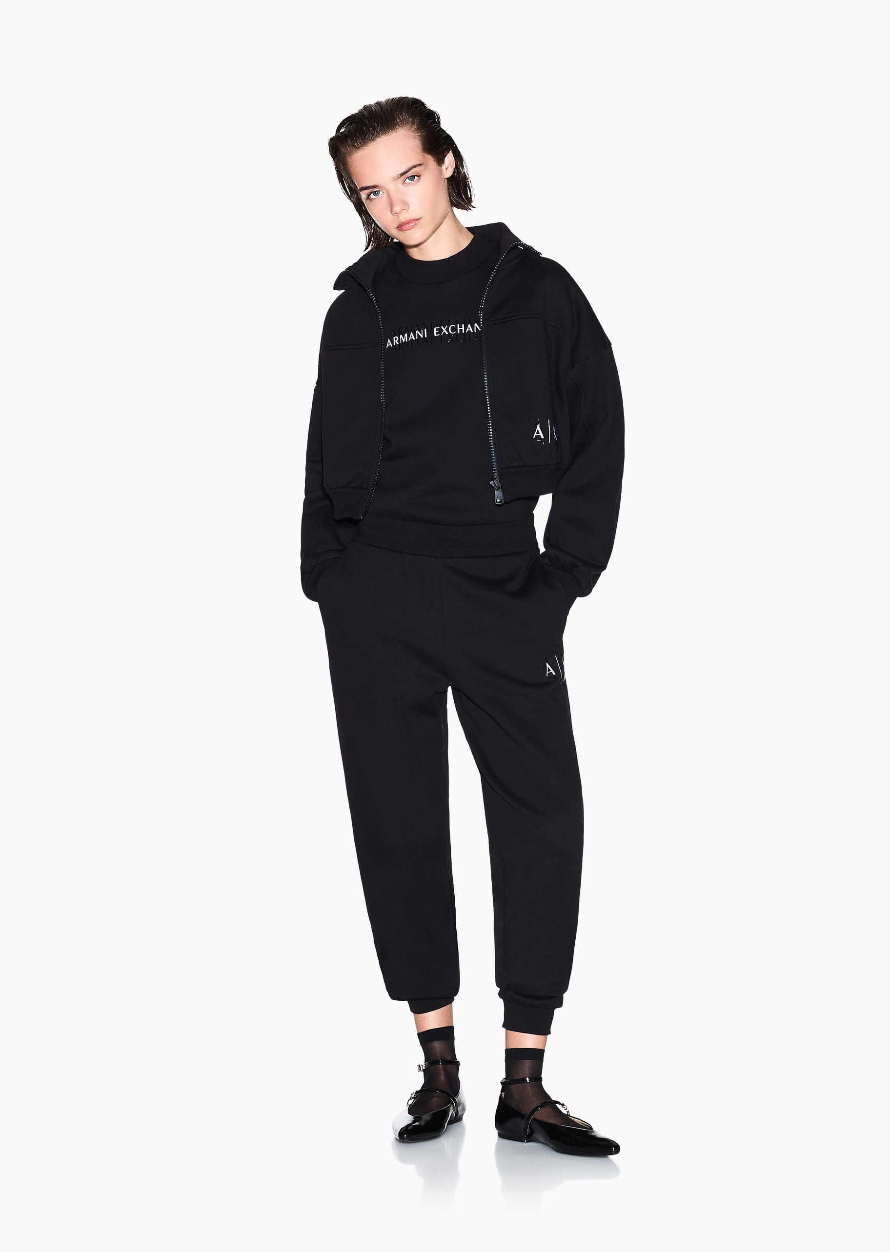 ARMANI EXCHANGE 女士纯棉宽松长款锥形束脚撞色徽标卫裤