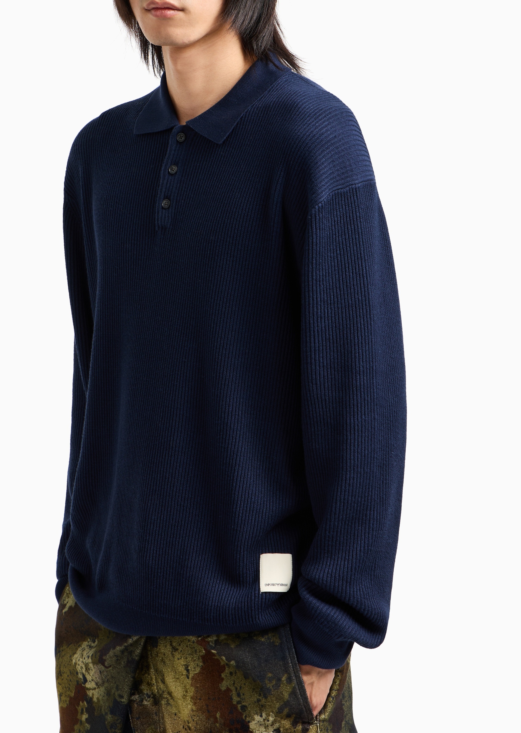 Emporio Armani 男士Polo领坑条纹理老钱风套头针织衫