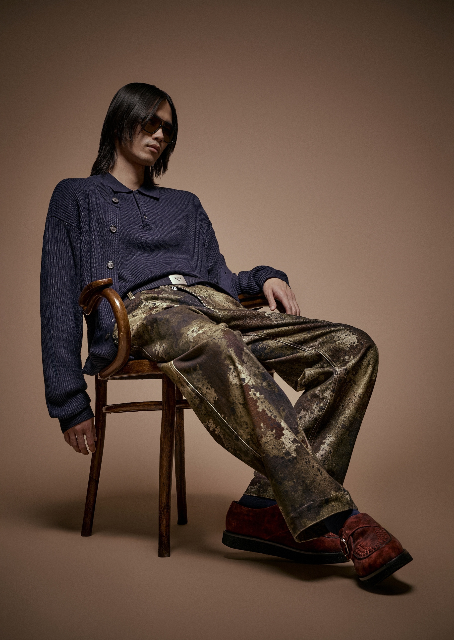 Emporio Armani 男士圆领混纺坑条纹理纺针织开衫
