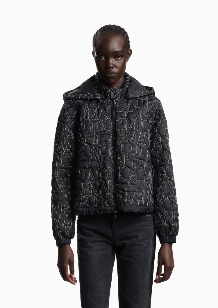 Emporio Armani 女士短款长袖可拆连帽通体刺绣拉链休闲棉服