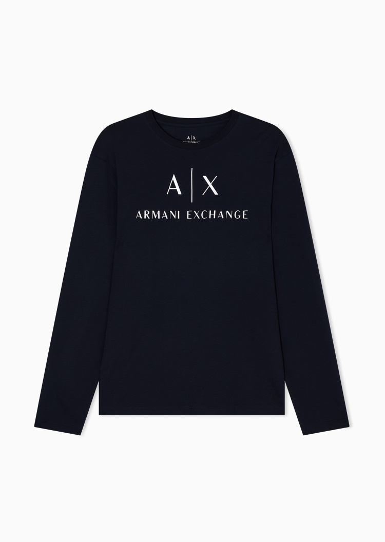 ARMANI EXCHANGE 男士纯棉合身长袖圆领正肩LOGO印花T恤