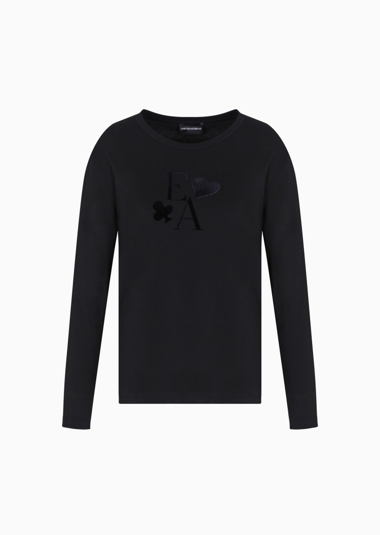 Emporio Armani 女士全棉合身长袖圆领植绒印花轻薄T恤