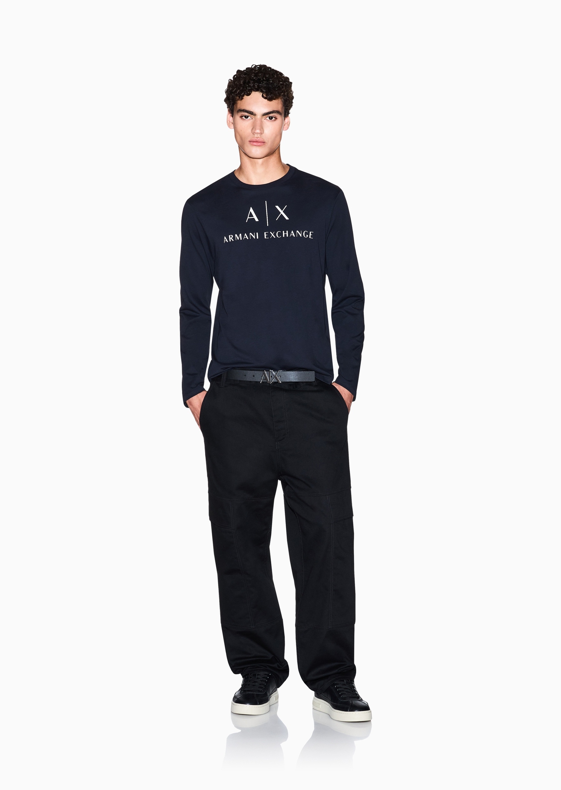 ARMANI EXCHANGE 男士纯棉合身长袖圆领正肩LOGO印花T恤