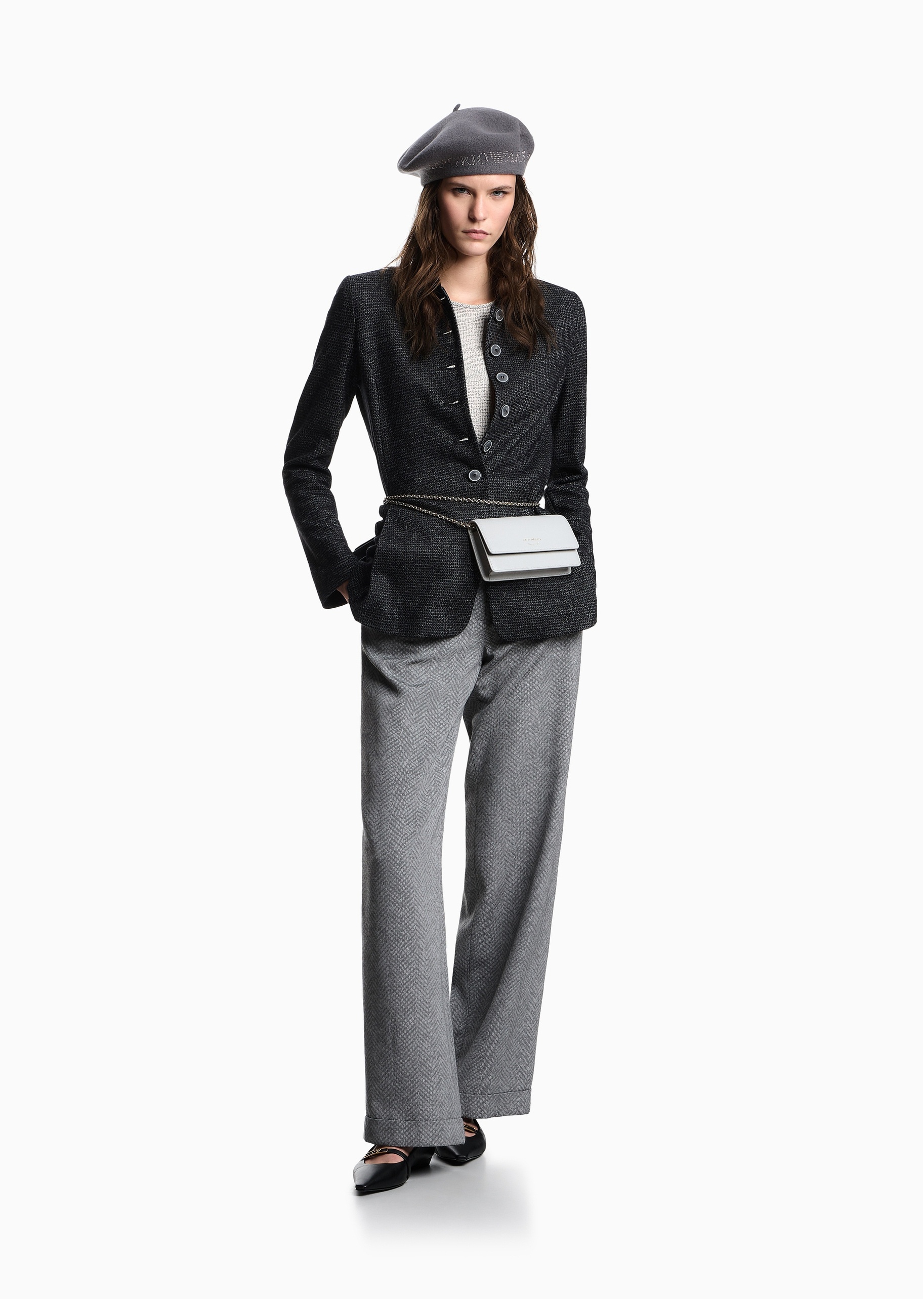 Emporio Armani 女士人造棉修身圆领植绒印花针织衫