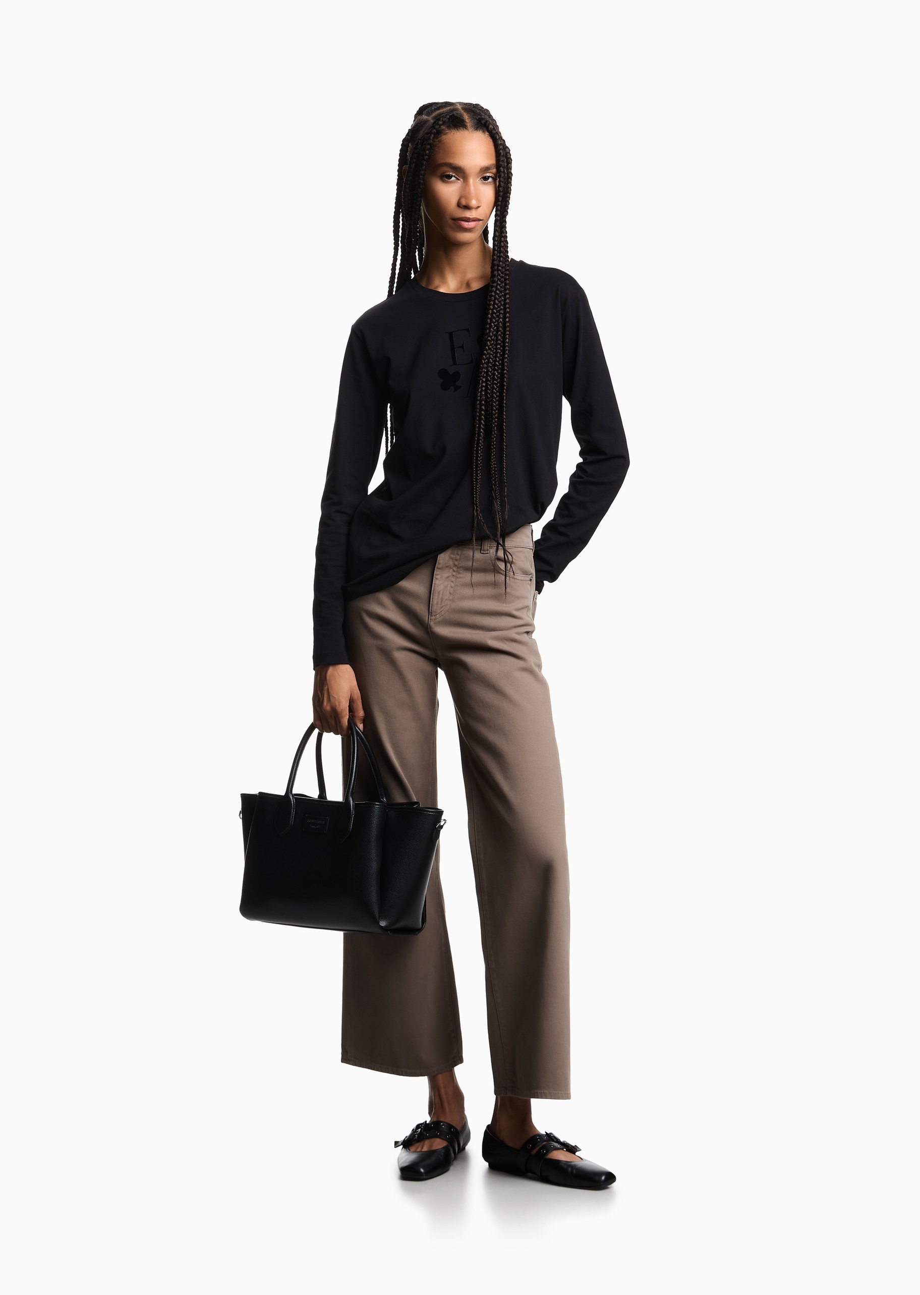 Emporio Armani 女士全棉合身长袖圆领植绒印花轻薄T恤