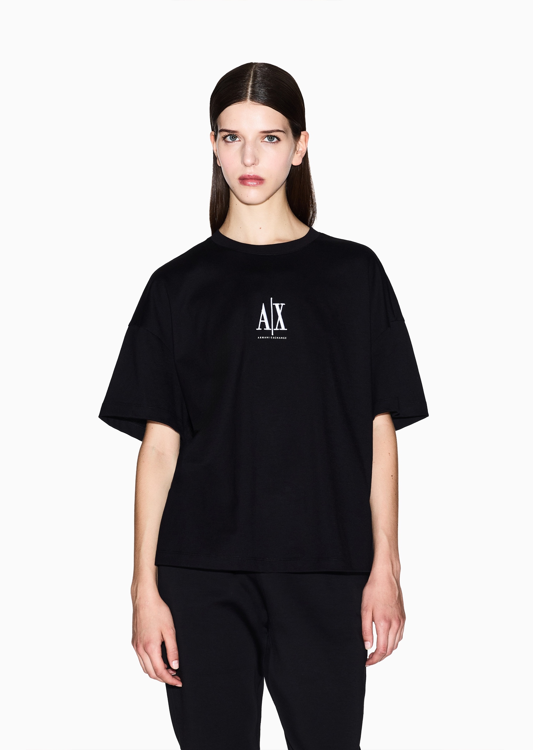 ARMANI EXCHANGE 女士全棉宽松短袖圆领落肩标识刺绣T恤