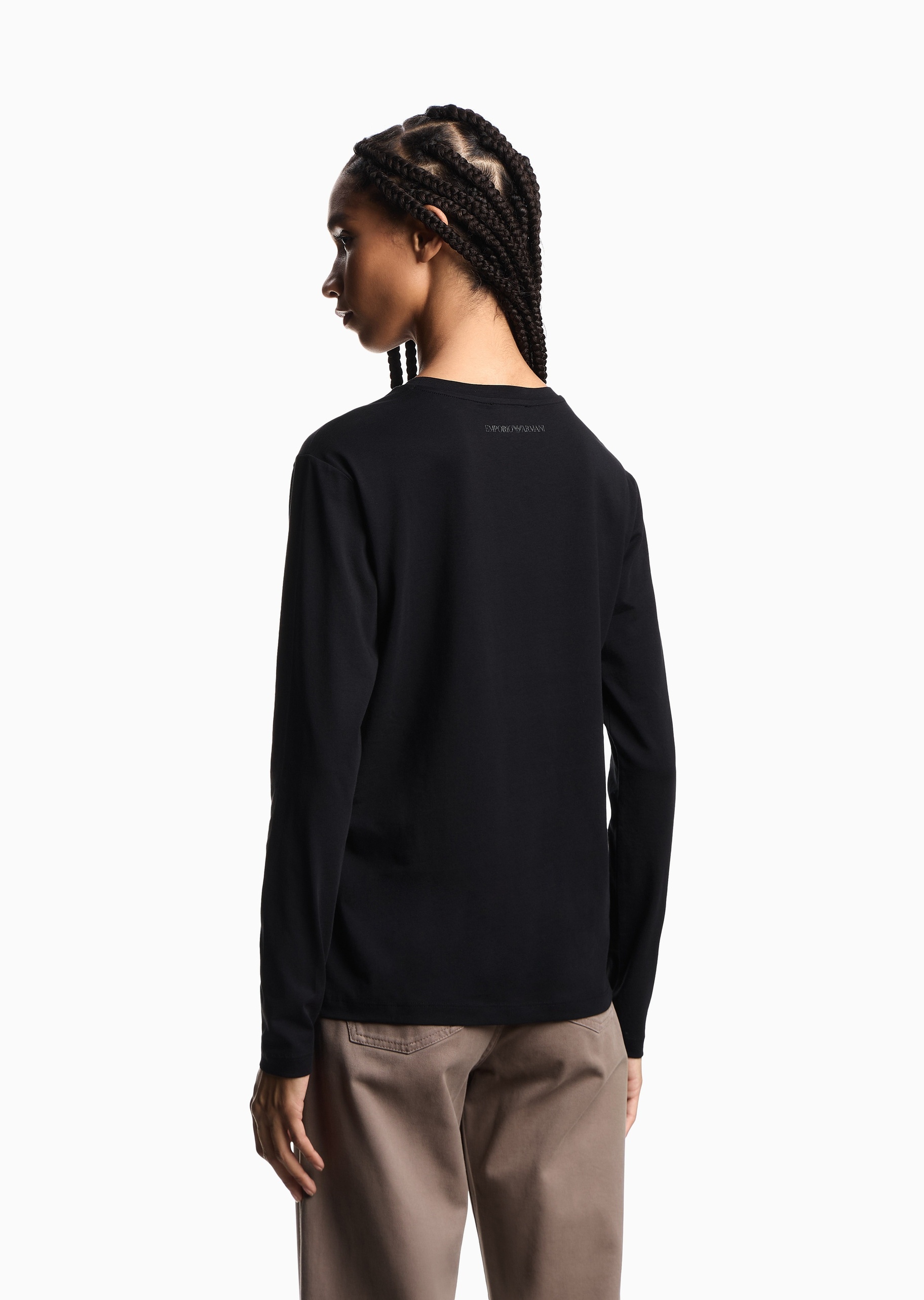 Emporio Armani 女士全棉合身长袖圆领植绒印花轻薄T恤